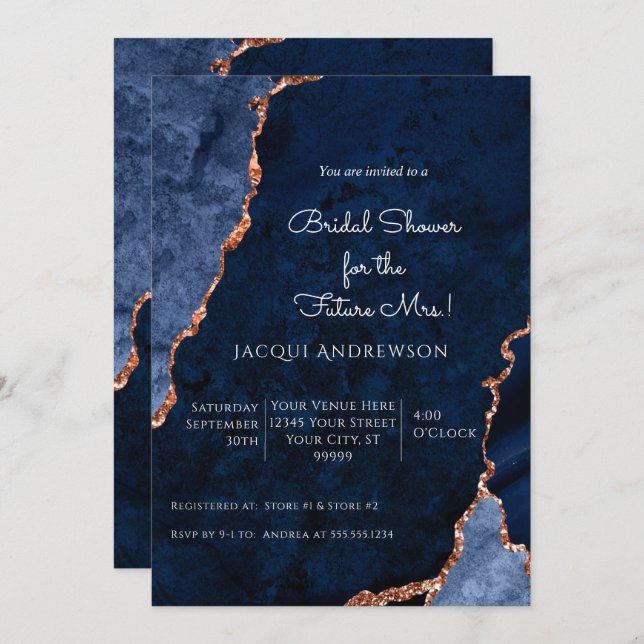 Invitación Moderna Marina Agate Rosa Azul Dusty Novia Dorada  (Anverso / Reverso)