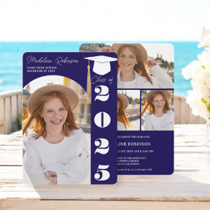 Invitación Moderna Marina Azul 4 fotos Graduación