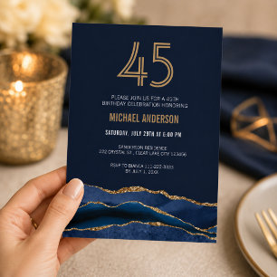 Invitación Moderna Marina Blue Gold Agate 45 cumpleaños