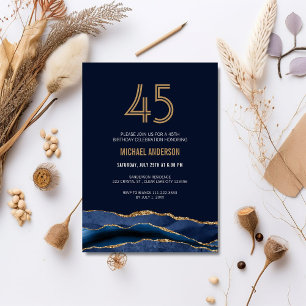 Invitación Moderna Marina Blue Gold Agate 45 cumpleaños