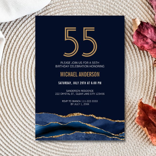 Invitación Moderna Marina Blue Gold Agate 55th Birthday Party (Subido por el creador)
