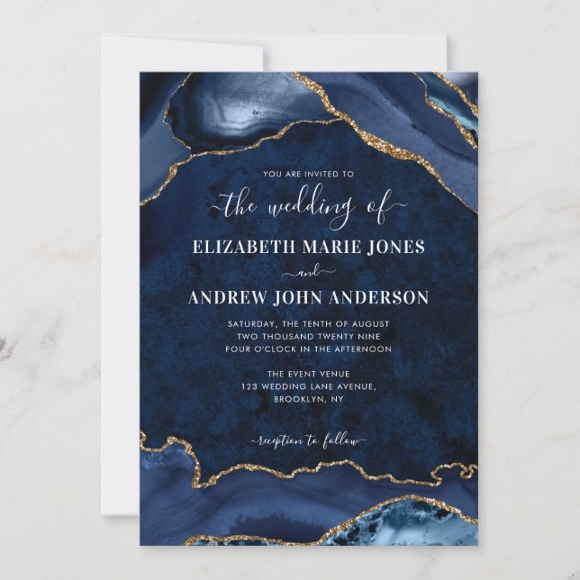 Invitación Moderna Marina Blue Gold Agate Geode Elegant Weddi (Anverso)