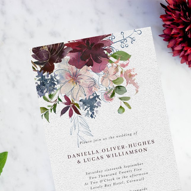 Invitación Moderna Marina Borgoña y Boda floral Rubor (Subido por el creador)