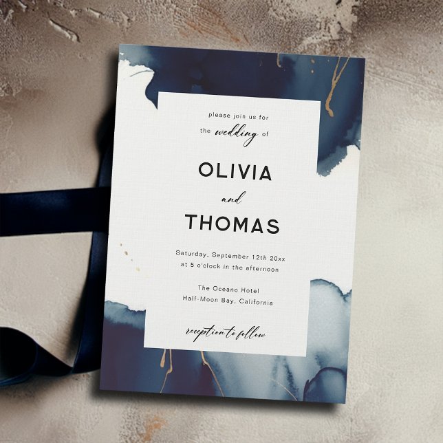 Invitación Moderna Marina de Marco Azul Oro Elegante Boda Pla (modern navy wedding invitation watercolor frame elegant minimalist simple calligraphy romantic boho)