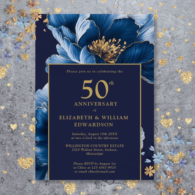 Invitación Moderna Marina Floral Azul Floral Elegante 50 Aniv (Modern Navy Blue Floral Elegant 50th Anniversary Invitation)