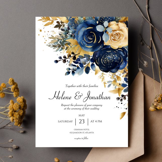Invitación Moderna Marina Floral Azul Oro Elegante Boda (Modern Floral Navy Blue Gold Wedding Invitation)