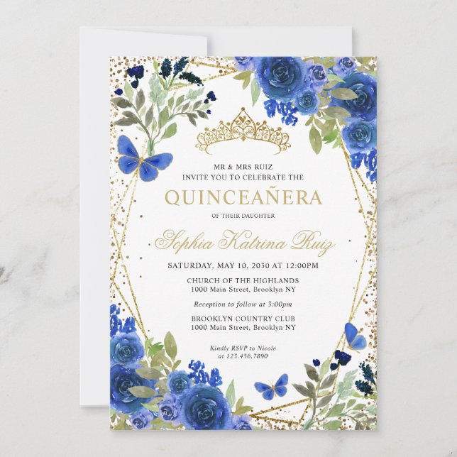 Invitación Moderna Marina Floral Azul Oro Tiara Quinceañera (Anverso)