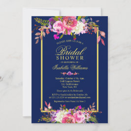 Invitación Moderna Marina Floral Blue Gold Bridal Shower