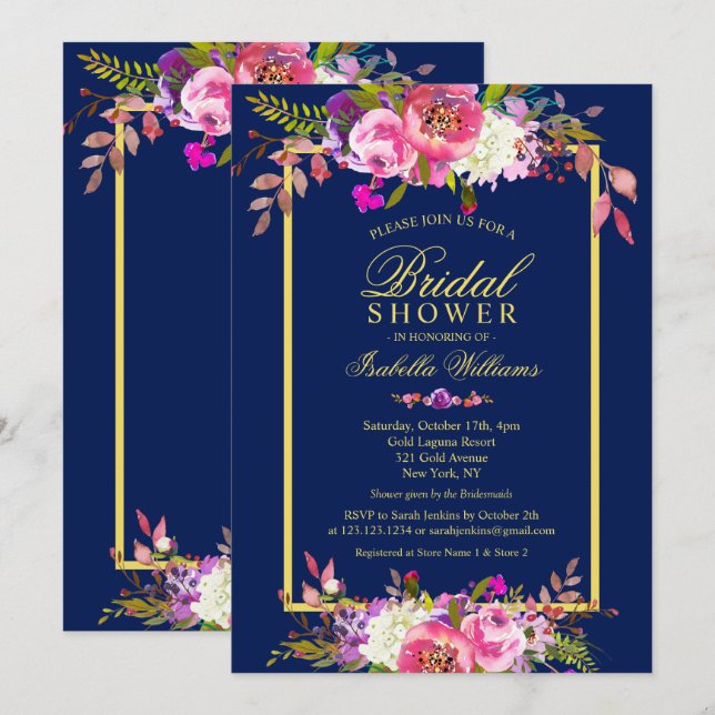 Invitación Moderna Marina Floral Blue Gold Bridal Shower (Anverso / Reverso)