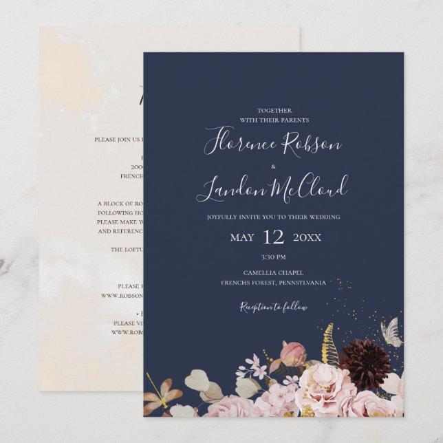 Invitación Moderna Marina Floral Simple Todo En Un Boda (Anverso / Reverso)