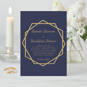 Invitación Moderna Marina Geométrica Azul & Oro Elegante Boda