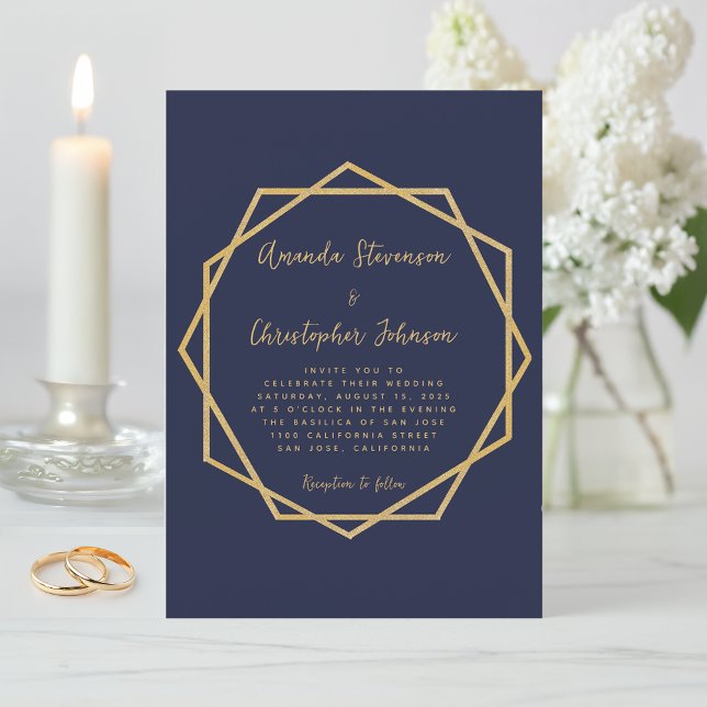 Invitación Moderna Marina Geométrica Azul & Oro Elegante Boda (Subido por el creador)