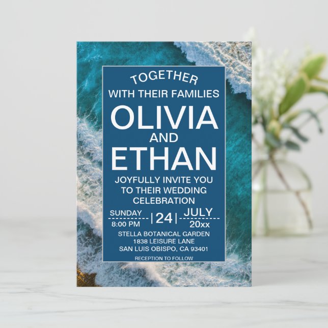 Invitación Moderna Marina Olas Azules Boda de Playa de Verano (Anverso de pie)