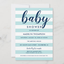 Invitación Moderna Marina y Aqua Blue Stripes Baby Shower