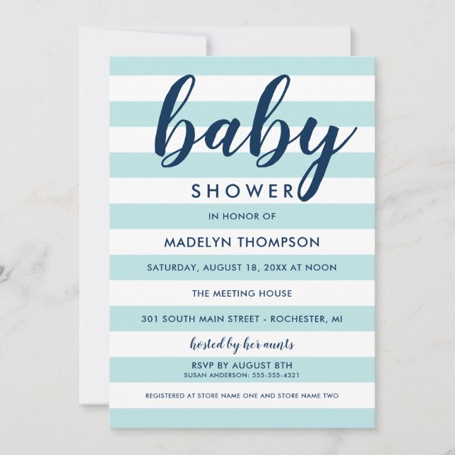 Invitación Moderna Marina y Aqua Blue Stripes Baby Shower (Anverso)