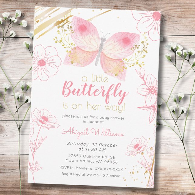 Invitación Moderna mariposa floral Chica de oro rosa Baby Sho (Subido por el creador)