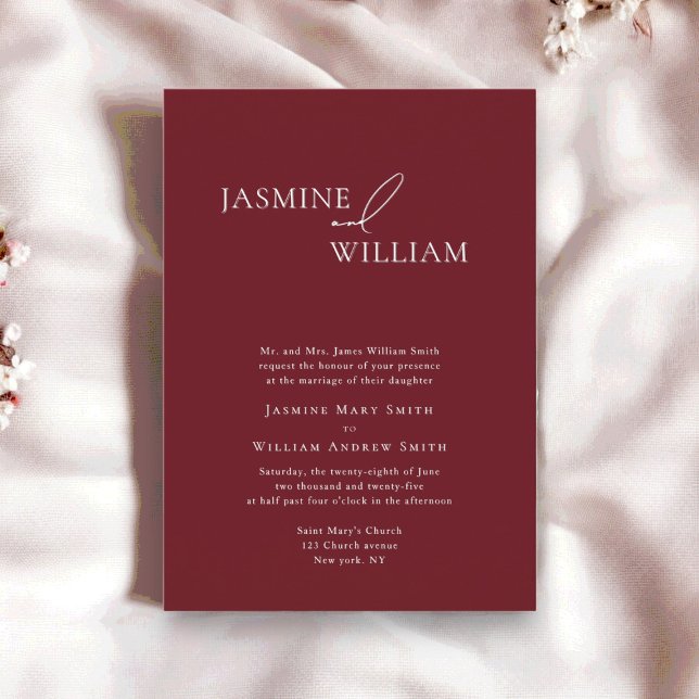 Invitación moderna mínima a la boda burdeos (beautiful deep cherry red modern wedding invite by willows weddings)