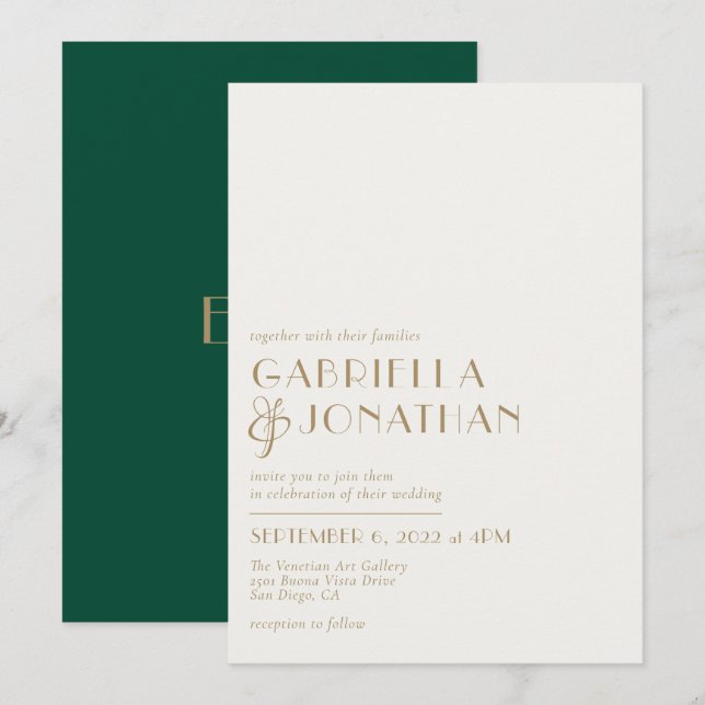 Invitación moderna minimalista de oro verde esmera (Anverso / Reverso)