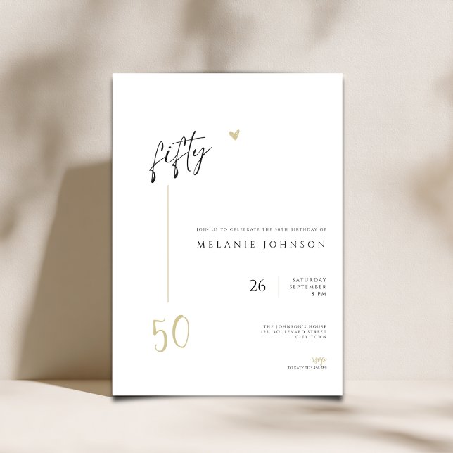 Invitación moderna minimalista para cumpleaños 50 (Minmalist Modern 50th birthday invitation with handwritten typography)