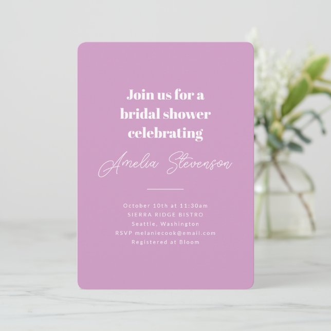 Invitación Moderna Minimalista simple ducha de novia púrpura (Anverso de pie)