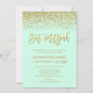 Invitación Moderna Mint Faux Gold Purpurina Bat Mitzvah