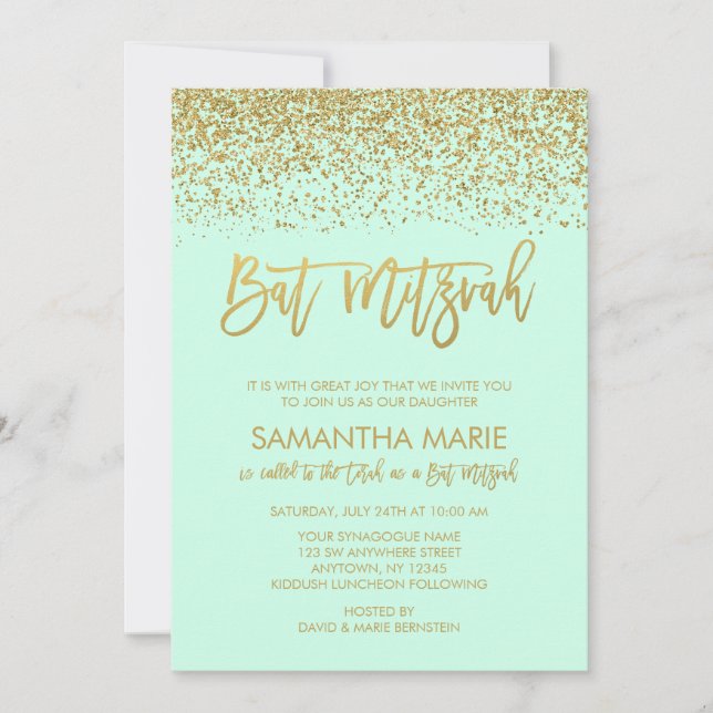 Invitación Moderna Mint Faux Gold Purpurina Bat Mitzvah (Anverso)