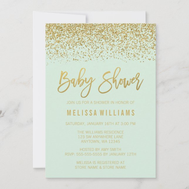 Invitación Moderna Mint Gold Purpurina Baby Shower (Anverso)