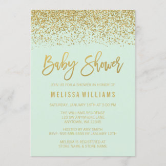 Invitación Moderna Mint Gold Purpurina Baby Shower
