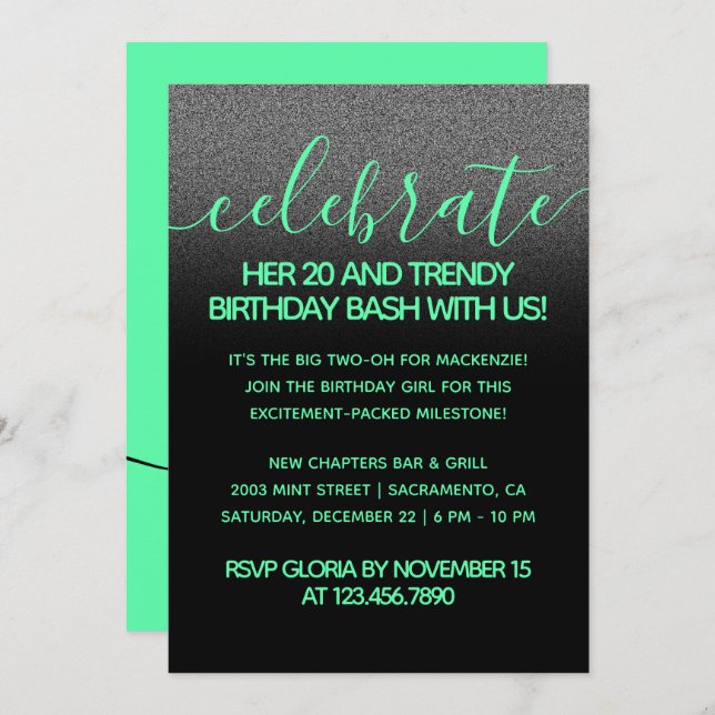 Invitación Moderna Mint Green 20 y cumpleaños de moda (Anverso / Reverso)