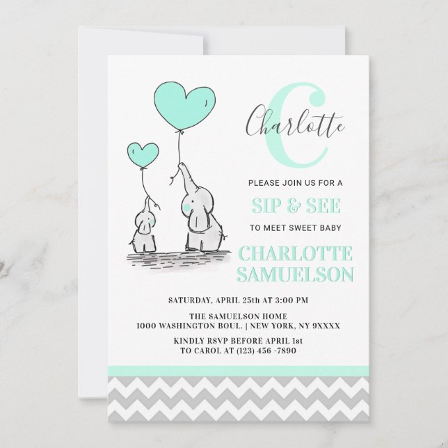 Invitación Moderna Mint Green Elephant SIP y VEE Baby Girl (Anverso)