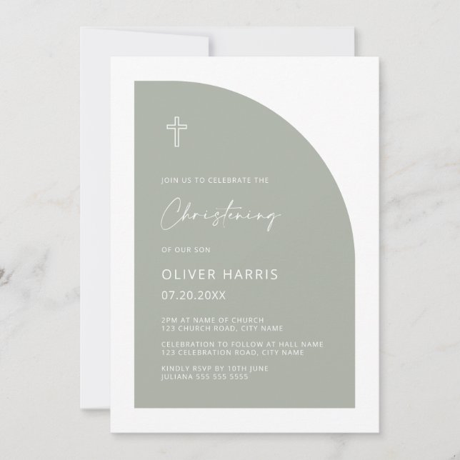 Invitación Moderna mitad Arch Sage Green Boy Christening (Anverso)