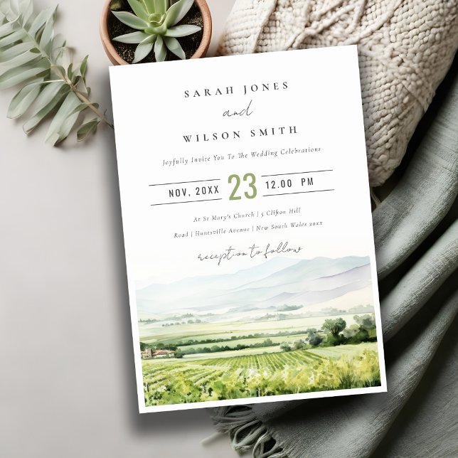 Invitación Moderna Moda acuarela Vineyard Boda paisajístico (Subido por el creador)