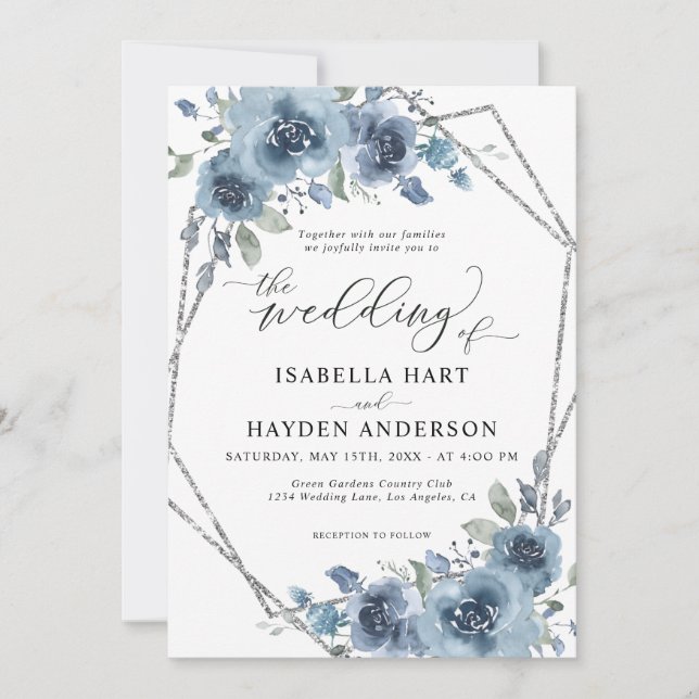 Invitación Moderna Moda azul turquesa floral Boda de marco pl (Anverso)