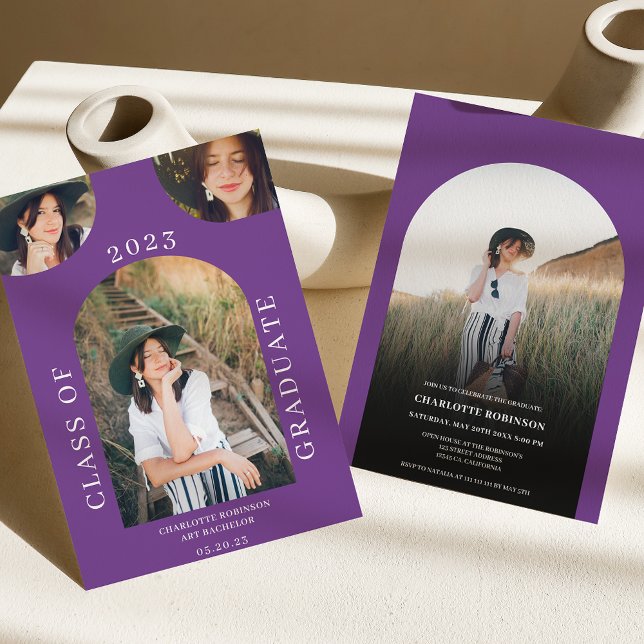 Invitación Moderna moda boho arco morado 4 foto graduación (Subido por el creador)