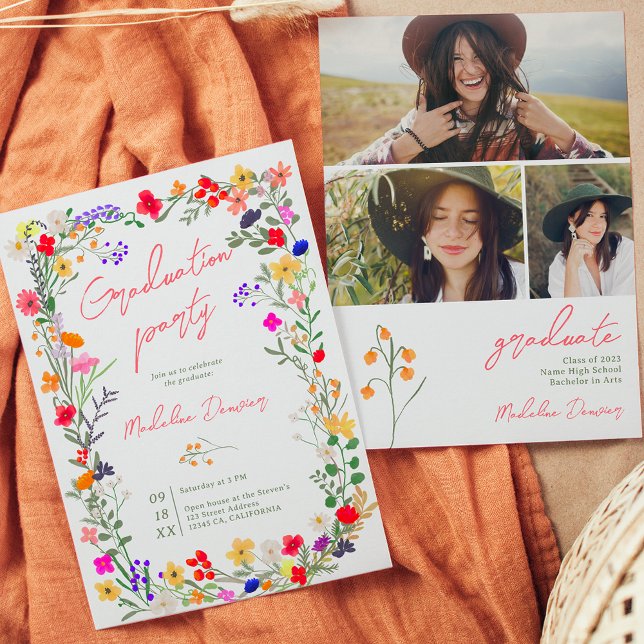 Invitación Moderna moda boho brillante flores silvestres grad (Modern chic boho bright wild flowers graduation invitation)