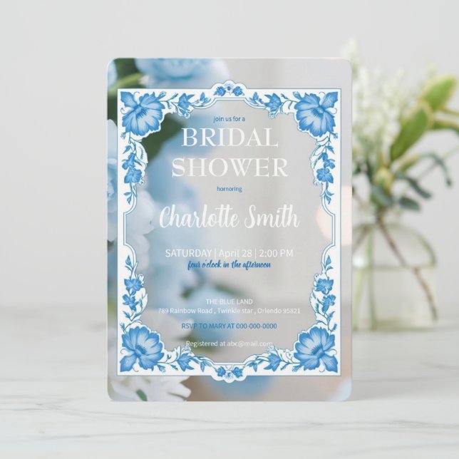 Invitación Moderna moda Chinoiserie azul ducha de novia (Anverso de pie)