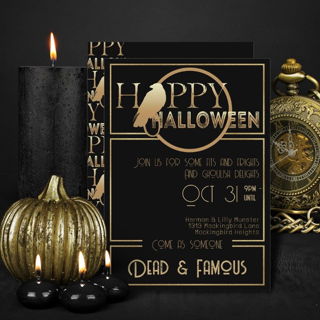 Invitación Moderna Moda de Oro Negro Fiesta de Glam Halloween (Elegant black and gold Halloween invitations)