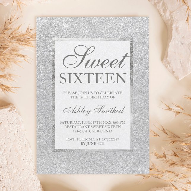 Invitación Moderna moda elegante purpurina plateado  Sweet 16 (Subido por el creador)