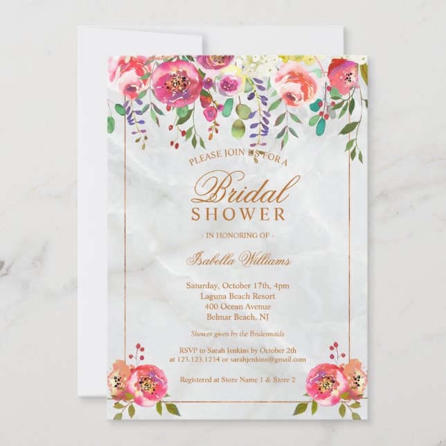 Invitación Moderna Moda Floral Cobre Marble Bridal Ducha (Anverso)