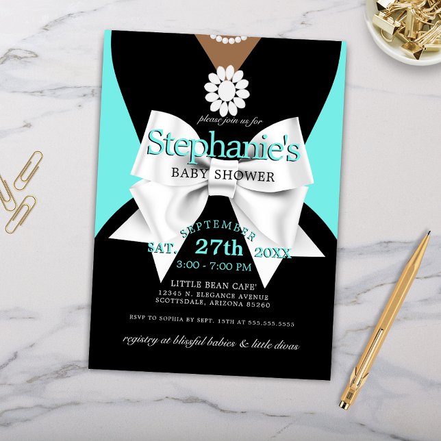 Invitación Moderna moda Glam de la etnia Tiffany Baby Shower (Elegant Little Black Dress Baby Shower with Dark Skin Tones for Ethnic Baby Shower Theme)
