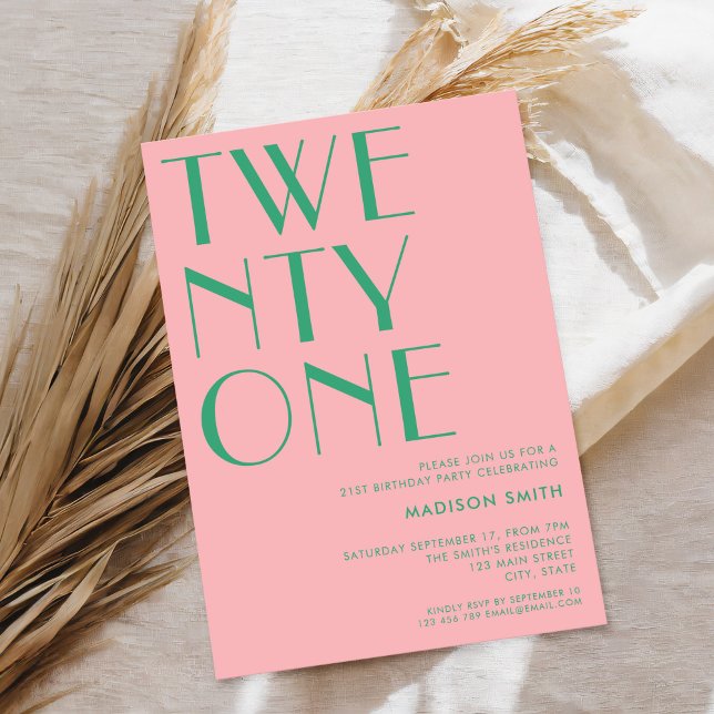 Invitación Moderna Moda Minimalista verde rosa 21 cumpleaños (Subido por el creador)