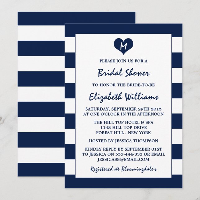 Invitación Moderna Moda Navy ducha azul y blanca de novias (Anverso / Reverso)