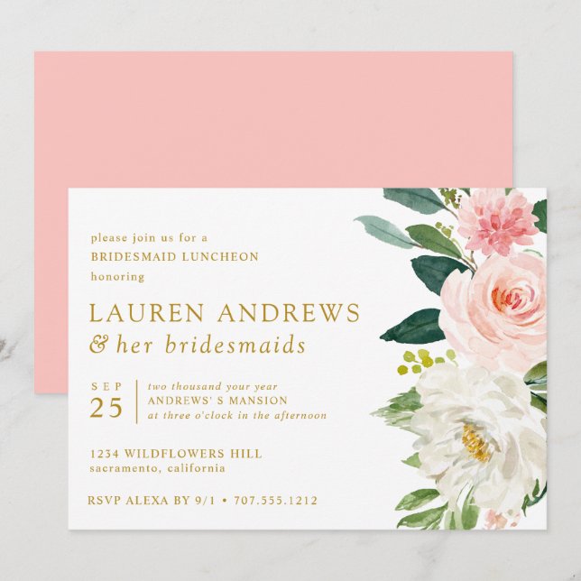 Invitación Moderna Moda Rubor Floral Gold Bridesmaid Luncheon (Anverso / Reverso)