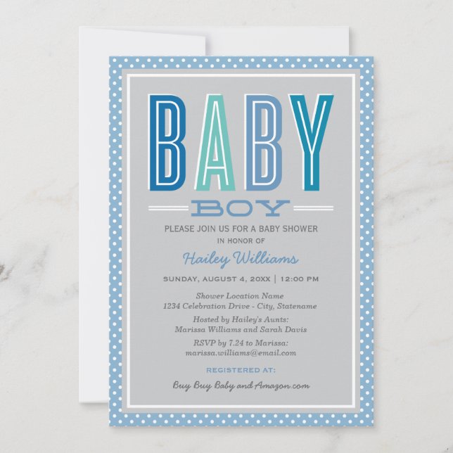 Invitación Moderna Moda Tipo Blue Gray Boy Baby Shower (Anverso)