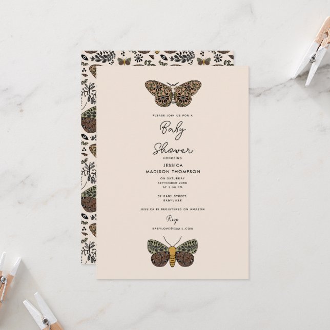 Invitación Moderna Moth Bohemian Wildflowers Baby Shower (Anverso/Reverso In Situ)