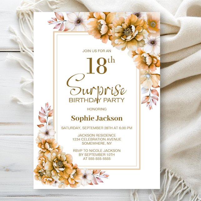 Invitación Moderna Naranja Floral Sorpresa 18 cumpleaños (Subido por el creador)