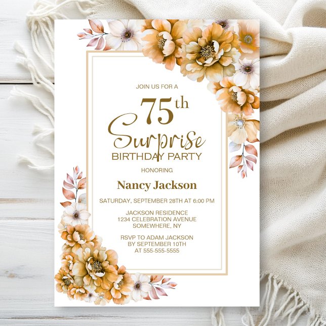 Invitación Moderna Naranja Floral Sorpresa 75ª fiesta de cump (Subido por el creador)