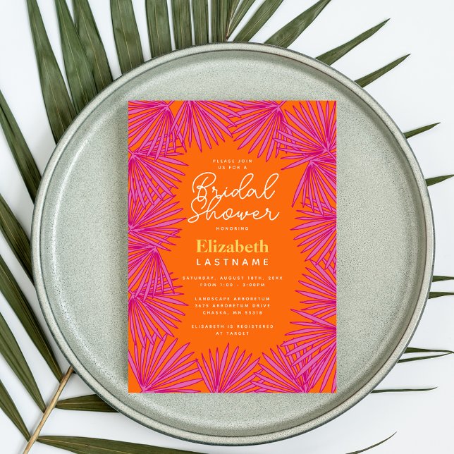 Invitación Moderna Naranja rosa palmas ducha tropical de novi (Subido por el creador)