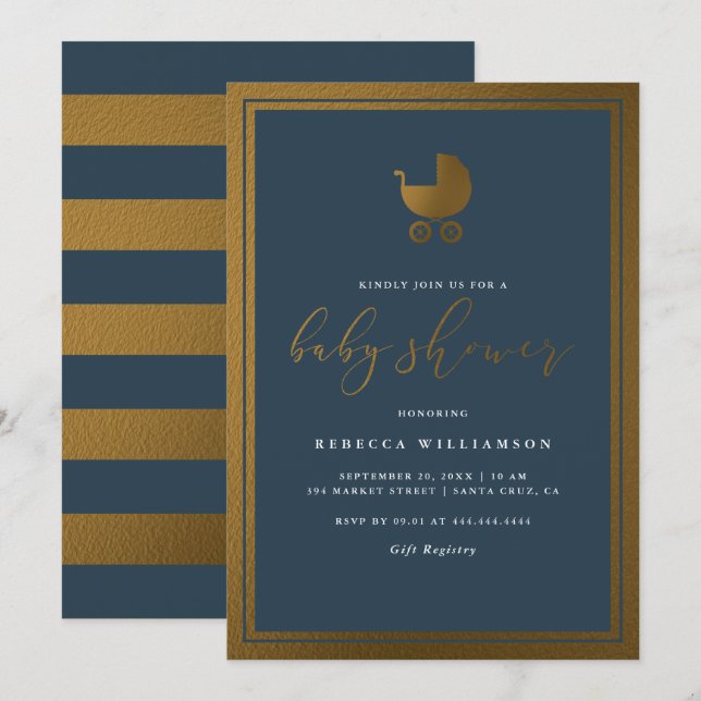 Invitación Moderna Navy Blue & Gold Pram Boy Baby Shower (Anverso / Reverso)