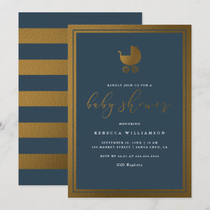 Invitación Moderna Navy Blue & Gold Pram Boy Baby Shower